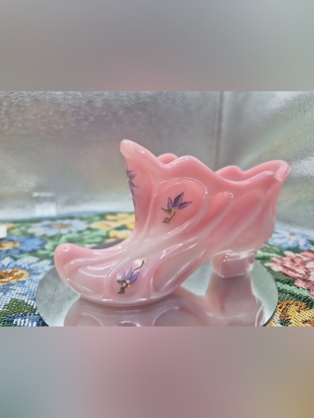 RARE Fenton Rosaline Shoe Victorian Pink Milk Glass Heel HandPainted CUMBERLEDGE